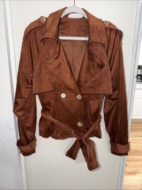 Isabelle's Cabinet Side Saddle Jacket in Brown Suede Like Material | M
